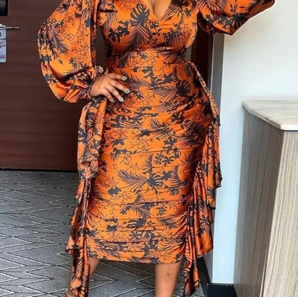 Easter Dresses Orange Casual Daily Elegant Mixed Printing Patchwork Flounce Printing Contrast V Neck Dresses(Orange/3XL)